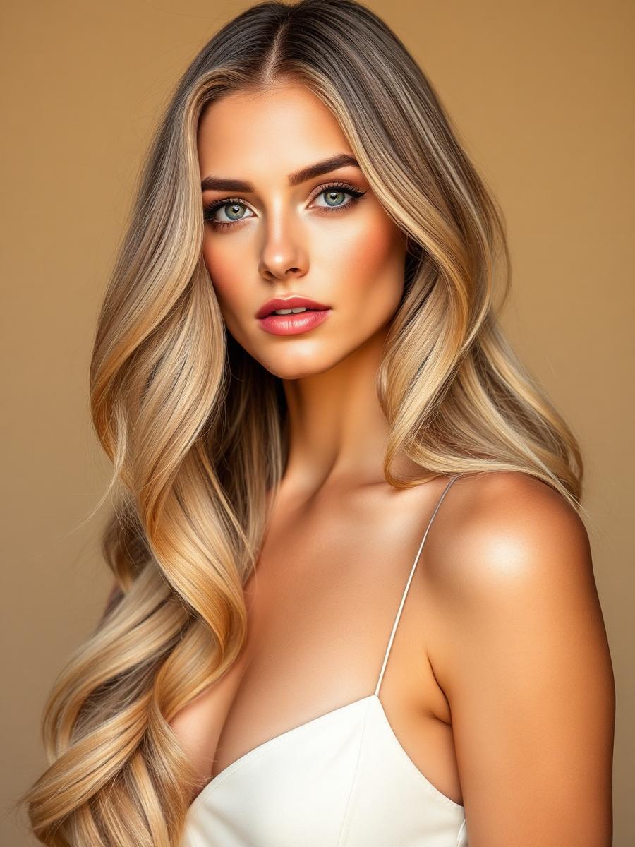 Model with long blonde balayage waves