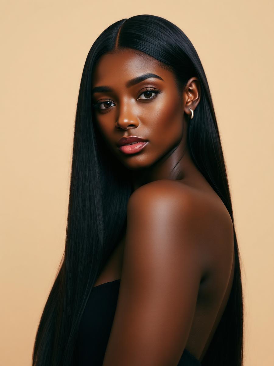 Model with long glossy jet black hair