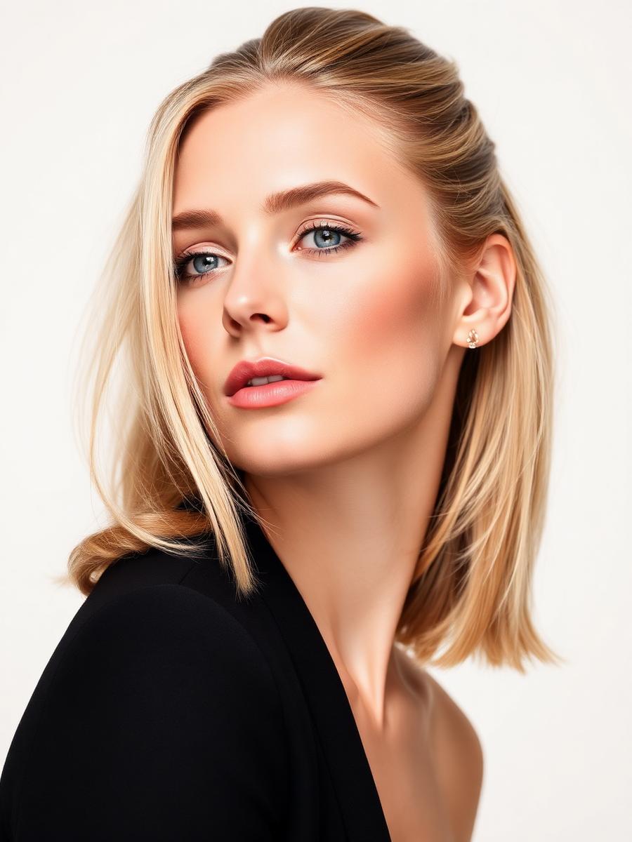 Model with a sleek golden blonde ponytail